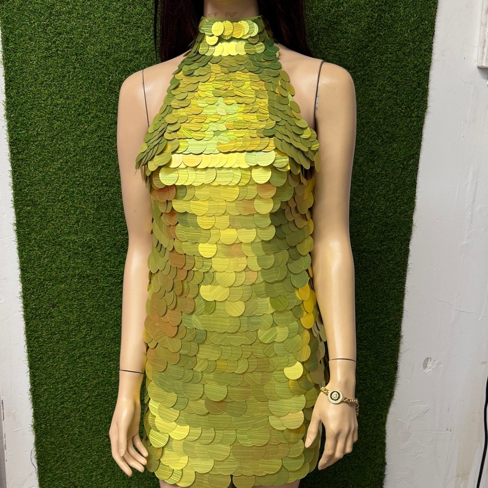 ASOS Curve Lime Green Sequin Backless Halter Mini Dress